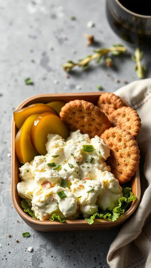 A bento box featuring egg salad with whole grain crackers and sliced peaches.