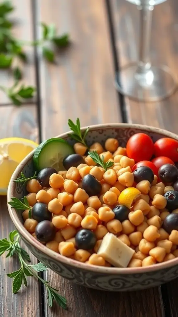 A Mediterranean Chickpea Bowl with chickpeas, olives, tomatoes, and herbs in a decorative bowl.