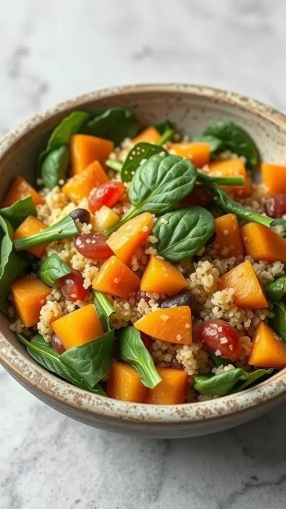 A bowl of quinoa salad with spinach, apricots, and cherry tomatoes