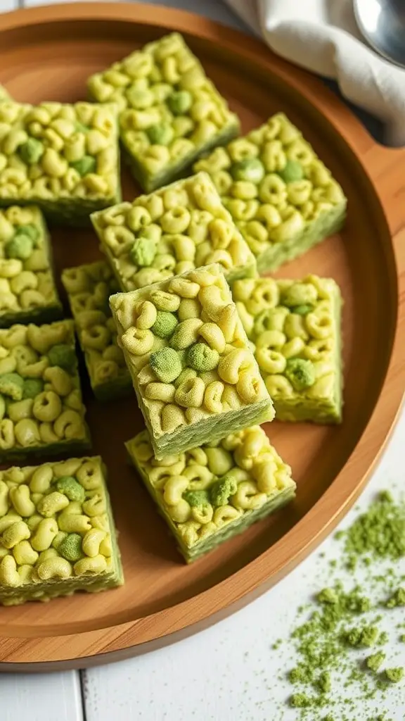 A plate of matcha green tea rice krispie treats, showcasing their vibrant green color and unique texture.