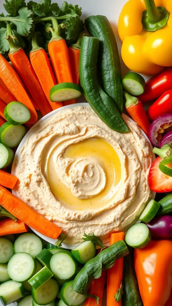 A colorful platter featuring hummus surrounded by fresh vegetables like carrots, cucumbers, and bell peppers.