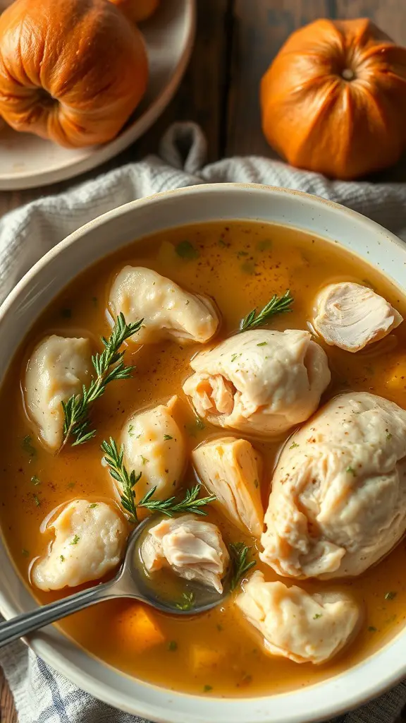 A bowl of hearty chicken and dumplings with fresh herbs and a warm broth