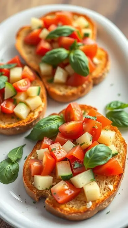 Toasted bread topped with diced tomatoes, cucumbers, and basil