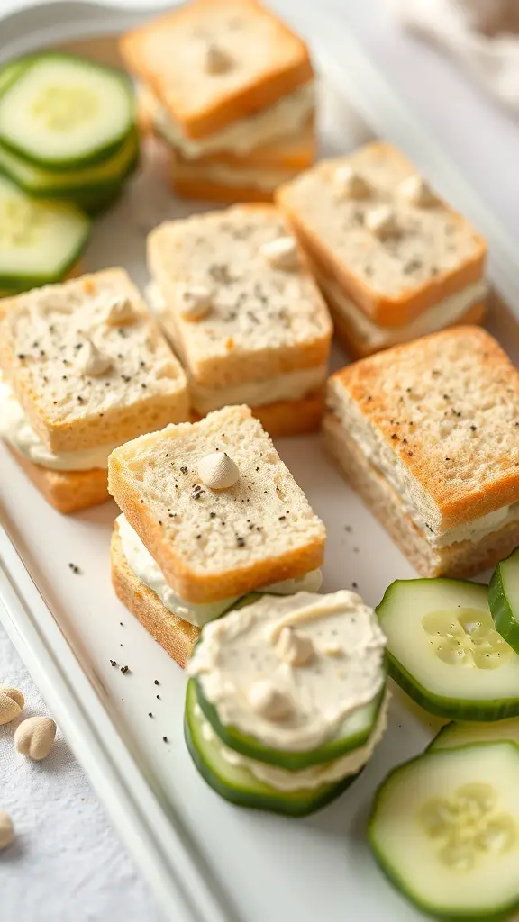 A platter of cucumber sandwiches with dill, featuring cream cheese filling and sliced cucumbers.