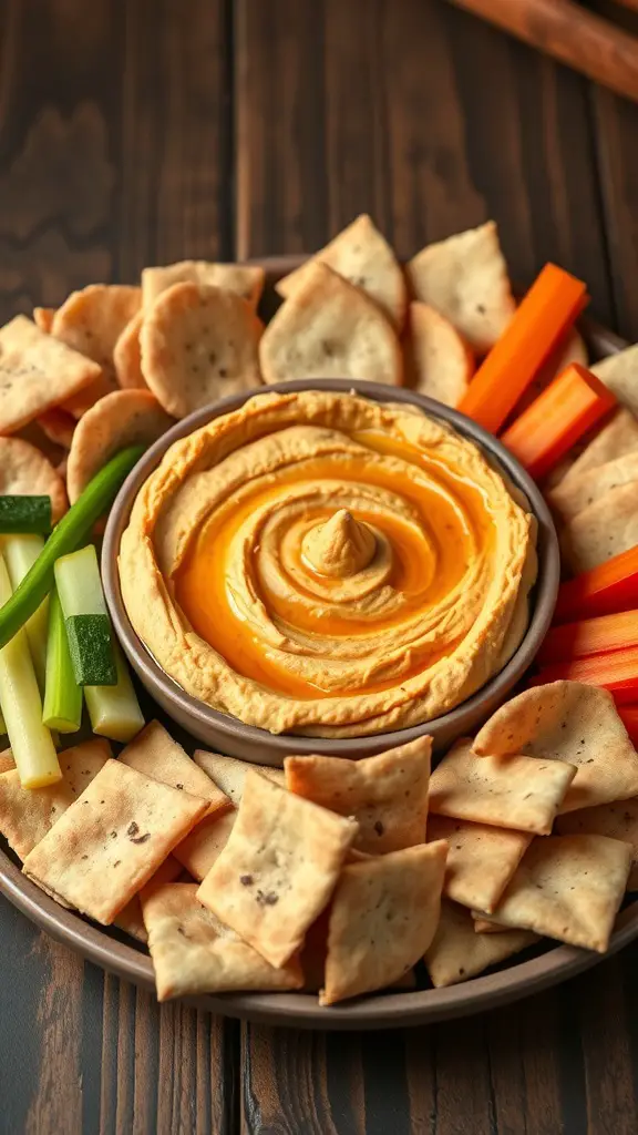 A bowl of pumpkin hummus surrounded by crackers and fresh vegetables.