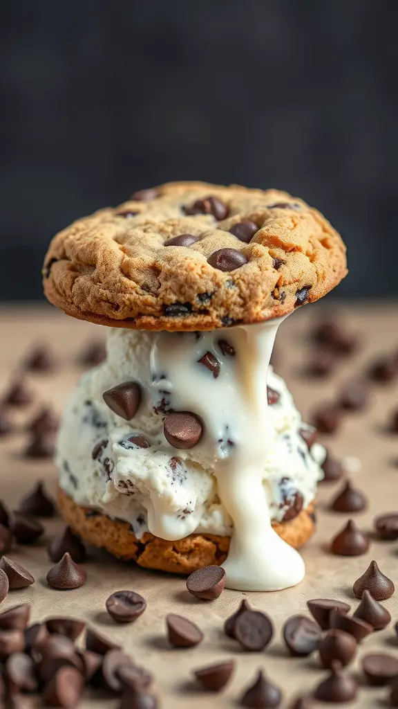 A chocolate chip cookie ice cream sandwich with melting ice cream and chocolate chips scattered around.