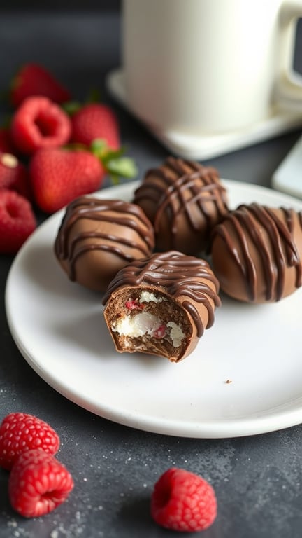 A plate of Raspberry Almond Joy Bites with fresh raspberries