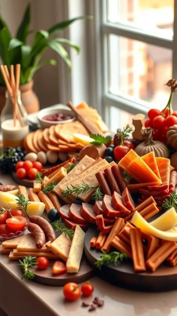 A beautifully arranged Christmas charcuterie board with various cheeses, meats, and festive decorations.