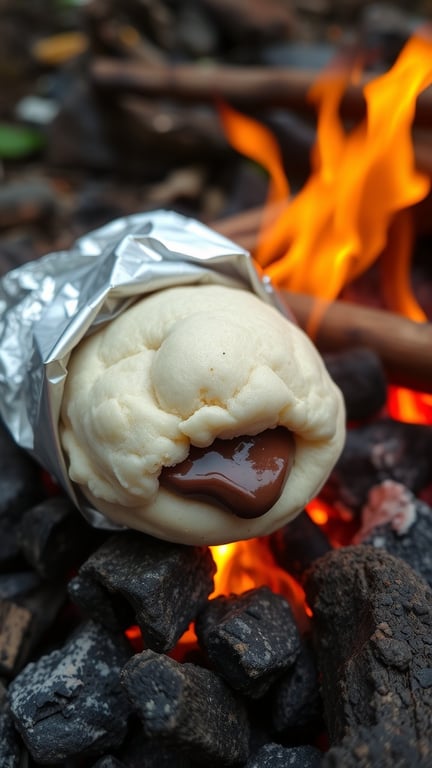 Nutella stuffed biscuit bomb wrapped in foil, resting on hot coals with flames in the background
