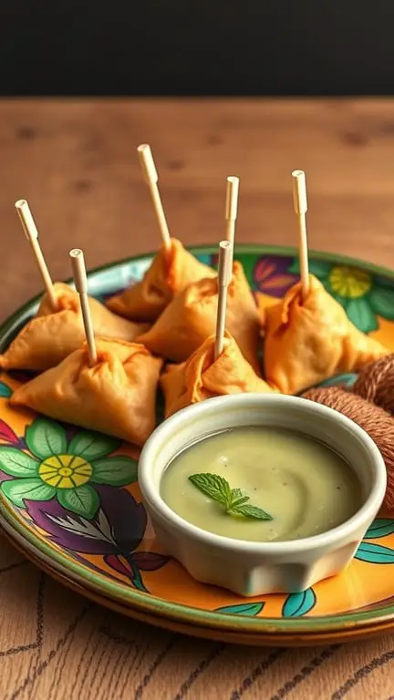 A plate of savory samosa bites with toothpicks and mint chutney