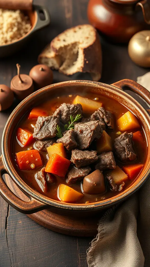 A bowl of hearty beef stew with chunks of beef, carrots, and potatoes, served with bread.