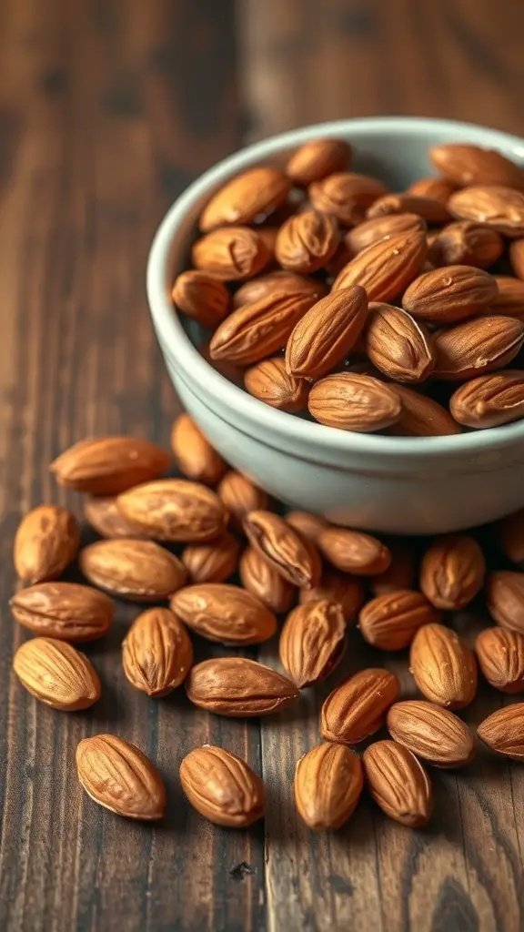 A bowl of roasted almonds on a wooden table