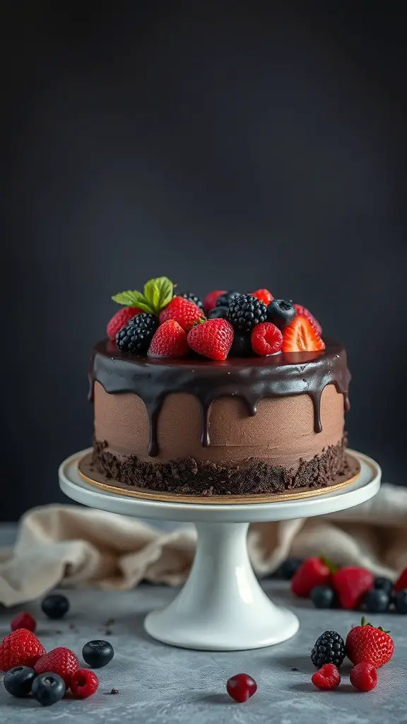 A rich chocolate cake topped with fresh berries and chocolate ganache, presented on a white cake stand.