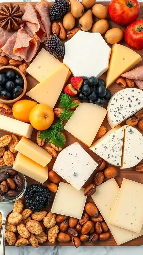 A beautifully arranged cheese and charcuterie board with various cheeses, meats, nuts, and fruits.