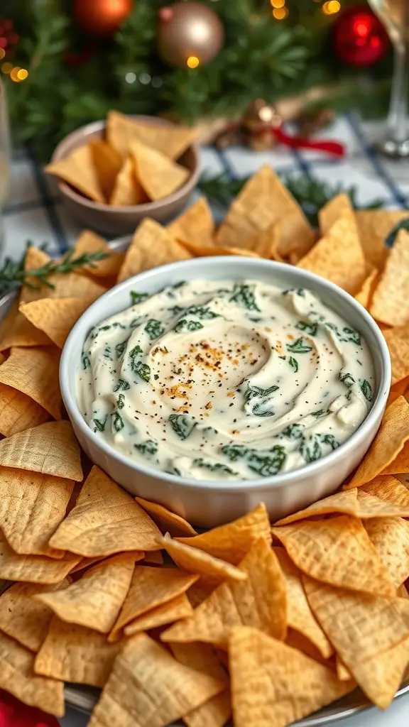 Creamy spinach and artichoke dip served in a bowl surrounded by tortilla chips.