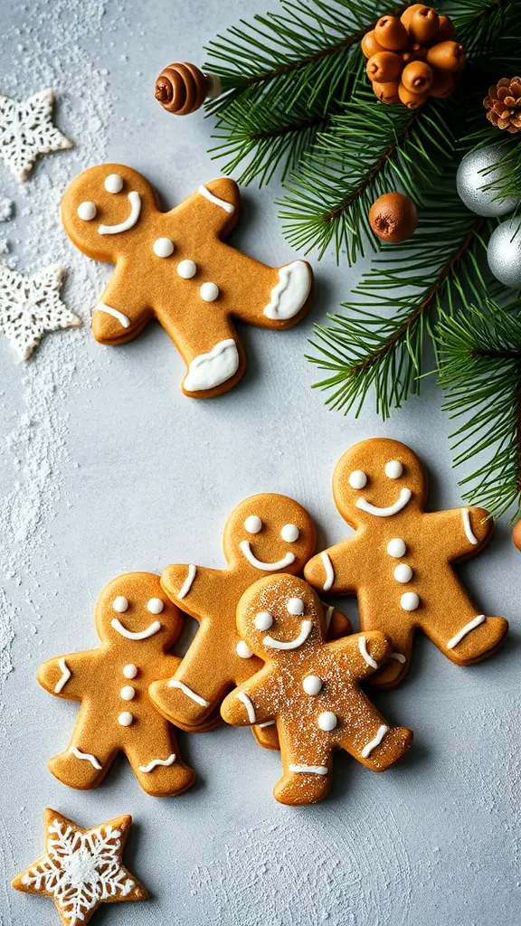 A collection of gingerbread sugar cookies with smiling faces, decorated with icing, surrounded by pine branches and festive ornaments.