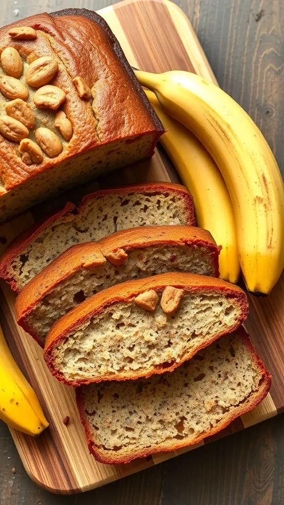 A loaf of banana bread with slices cut, surrounded by fresh bananas on a wooden cutting board.