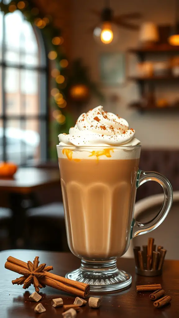 A Pumpkin Spice Latte topped with whipped cream and cinnamon, surrounded by cinnamon sticks and star anise.