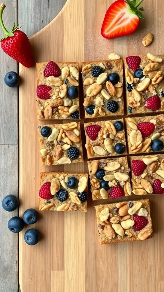 Fruit and nut breakfast bars topped with berries and nuts on a wooden board
