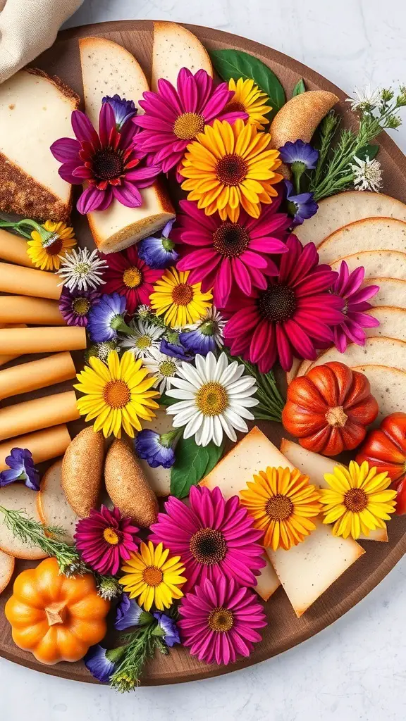 A fall charcuterie board featuring decorative edible flowers, cheese, and mini pumpkins.