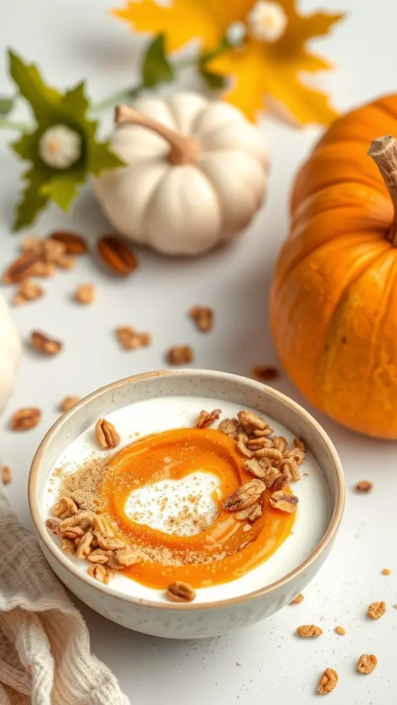 A bowl of pumpkin spice yogurt topped with granola and pumpkin puree, surrounded by decorative pumpkins and leaves.