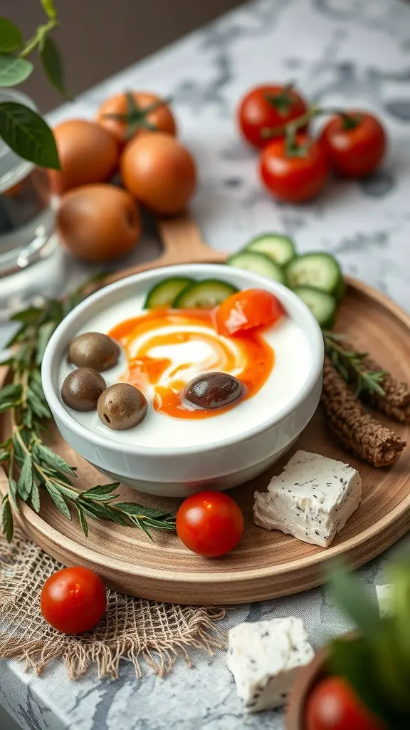 A savory Mediterranean yogurt bowl with yogurt, olives, cherry tomatoes, cucumber slices, feta cheese, and herbs on a wooden platter.