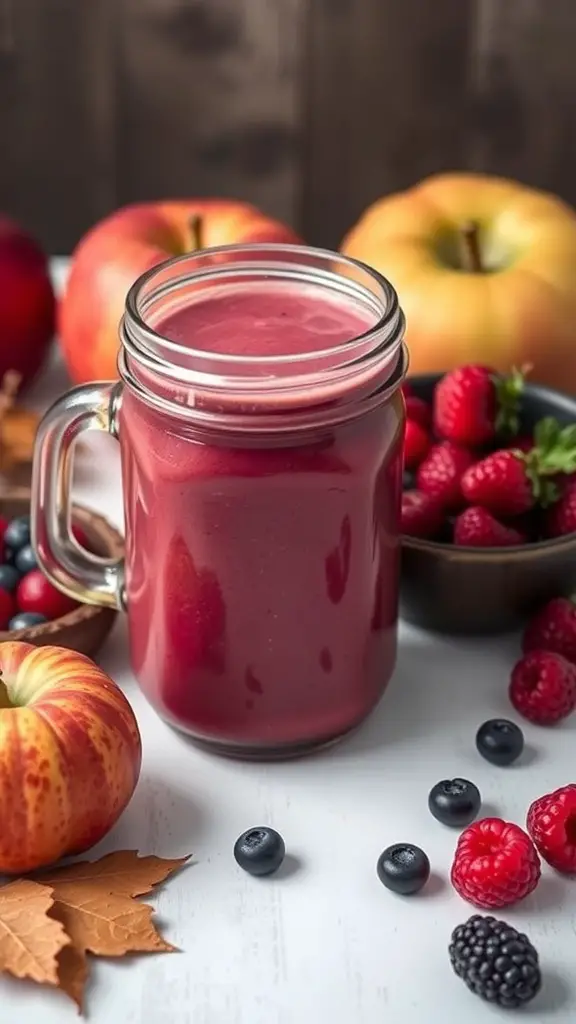 A mason jar filled with a berry smoothie, surrounded by apples and fresh berries.