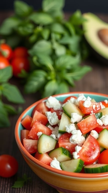 A colorful bowl of cucumber tomato salad with feta cheese, surrounded by fresh basil and cherry tomatoes.