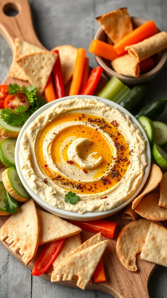 A colorful hummus and veggie platter featuring sliced cucumbers, bell peppers, cherry tomatoes, and pita chips.