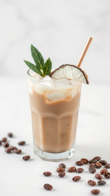 A refreshing glass of Matcha Coconut Iced Coffee garnished with mint and dried coconut, surrounded by coffee beans.
