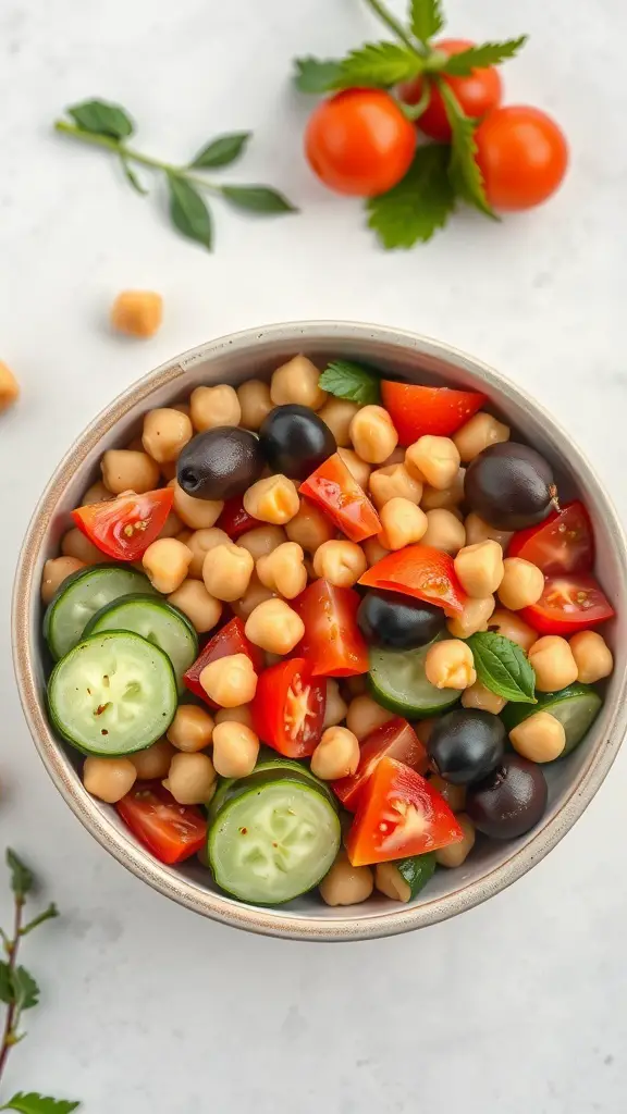 A bowl of Mediterranean Chickpea Salad with cucumbers, tomatoes, chickpeas, and olives.