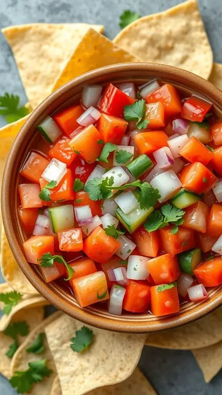 A bowl of spicy cucumber salsa with diced tomatoes, cucumbers, and onions, surrounded by tortilla chips.