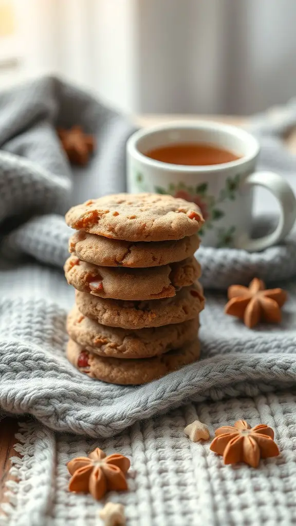 A stack of chai spiced cookies next to a cup of tea on a cozy blanket.