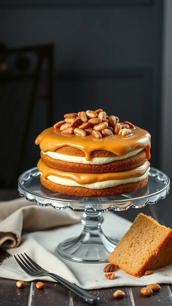 A delicious Dulce de Leche Cake topped with nuts.