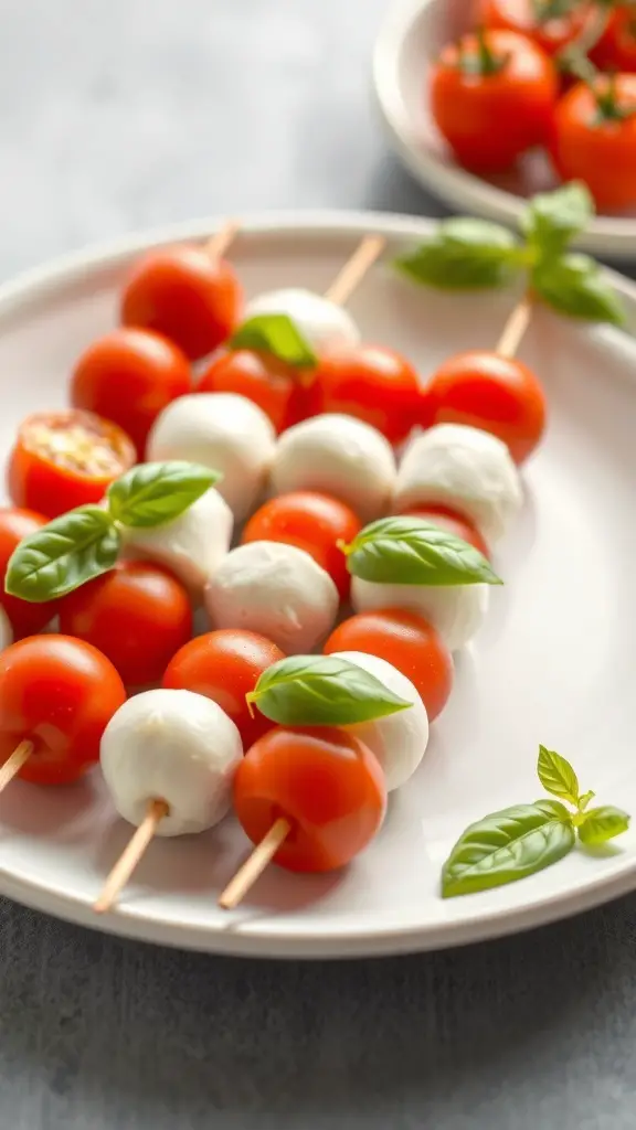 A plate of Caprese salad bites with cherry tomatoes, mozzarella balls, and fresh basil on skewers.