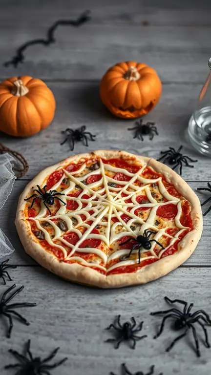 A spiderweb pizza decorated with cheese and fake spiders, surrounded by small pumpkins.