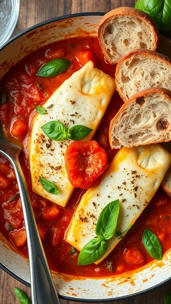 Snapper fillets in tomato basil sauce with fresh basil and bread