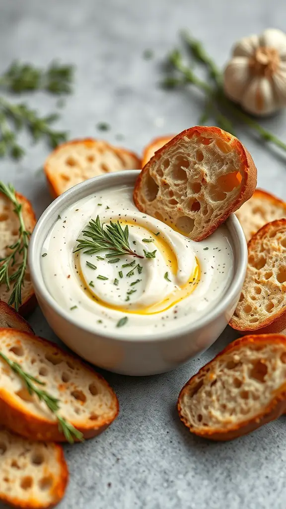 A bowl of roasted garlic dip with slices of toasted bread around it, garnished with herbs.