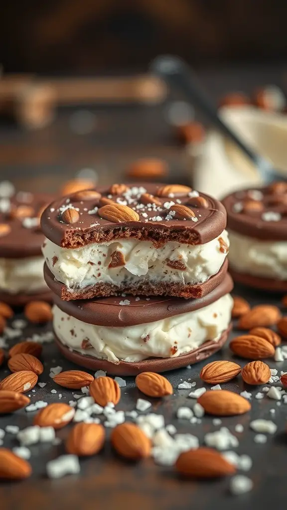 Almond Joy Ice Cream Sandwiches with chocolate cookies, ice cream, and almonds