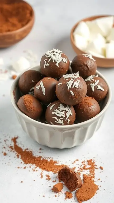 A bowl of chocolate coconut energy balls topped with shredded coconut and cocoa powder.
