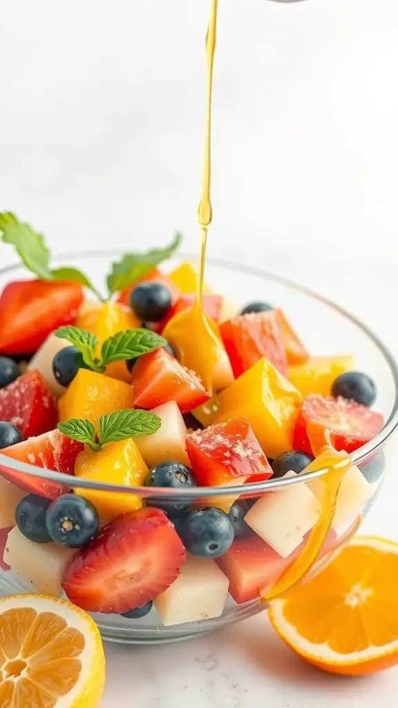 A bowl of colorful fruit salad with citrus dressing, featuring strawberries, blueberries, mango, and melon.