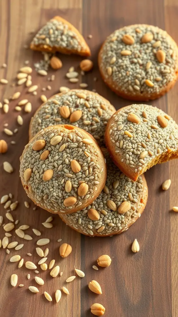 A stack of chia seed no bake cookies topped with sesame seeds and peanuts on a wooden surface.