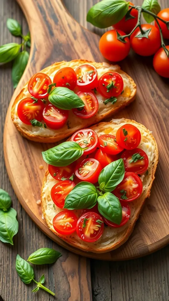 Bruschetta topped with cherry tomatoes and basil on a wooden board