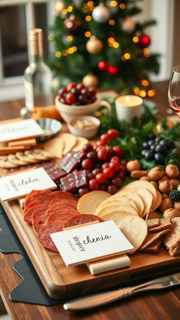 A beautifully arranged Christmas charcuterie board with personalized place settings.
