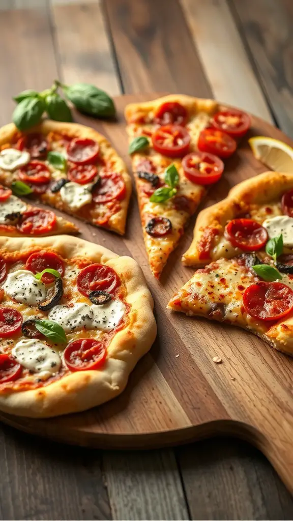 A variety of homemade pizzas on a wooden board, showcasing different toppings like pepperoni, tomatoes, and basil.