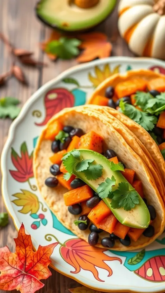 Sweet potato and black bean tacos on a colorful plate with autumn leaves and an avocado in the background.