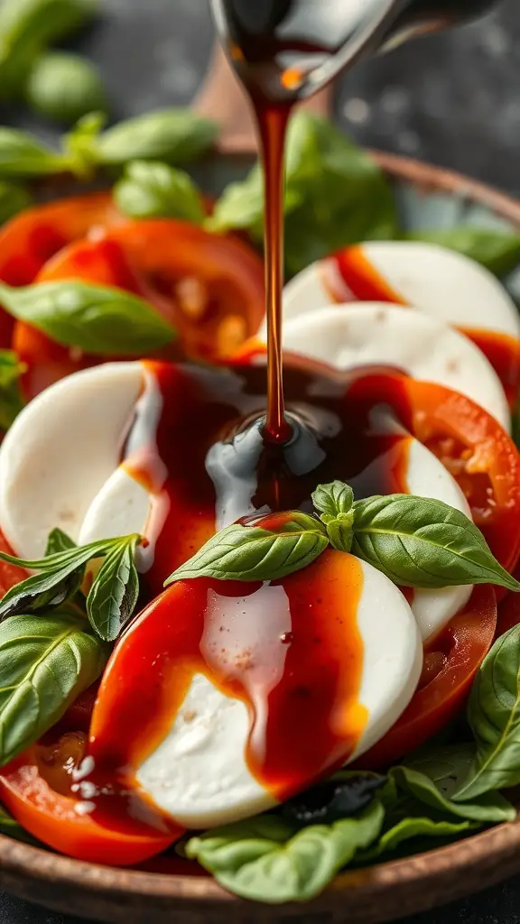 Balsamic reduction being drizzled over a salad with mozzarella, tomatoes, and basil.