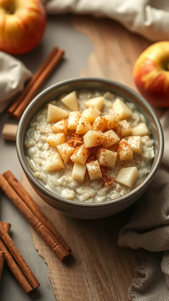 A bowl of apple cinnamon oatmeal topped with diced apples and cinnamon, with whole apples and cinnamon sticks in the background.