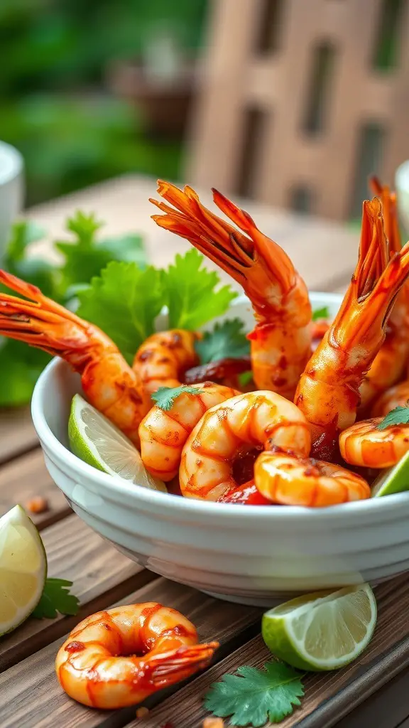 A bowl of sweet and spicy BBQ shrimp garnished with lime and cilantro.