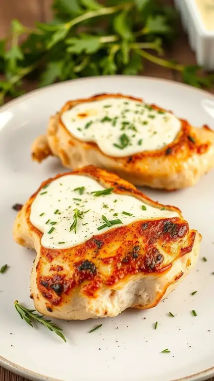 Boursin cheese stuffed chicken breasts garnished with herbs on a plate